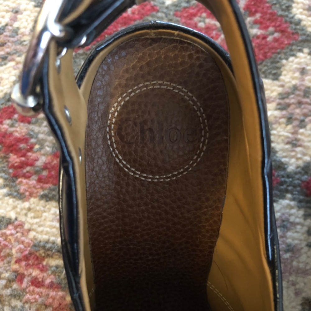 Chloe Black Buckle Pointy Toe Mules sz 37 Block Heel Croc Leather Silver Buckles - Picture 8 of 9